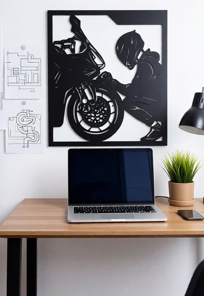 Bring power, passion, and precision to your walls with this Modern Biker CNC Metal Wall Art. Designed for motorcycle lovers and modern interiors, this artwork captures the raw emotion of a rider and machine in a bold, laser-cut silhouette. Crafted from high-quality metal sheet (1–2 mm thickness), the design is both lightweight and exceptionally strong. The precision laser-cut finish highlights fine details while maintaining a sharp, contemporary look. Finished in classic black powder coating, this wall art blends effortlessly with modern, industrial, and minimalist décor styles. Perfect as a statement piece for living rooms, offices, showrooms, garages, or man caves.