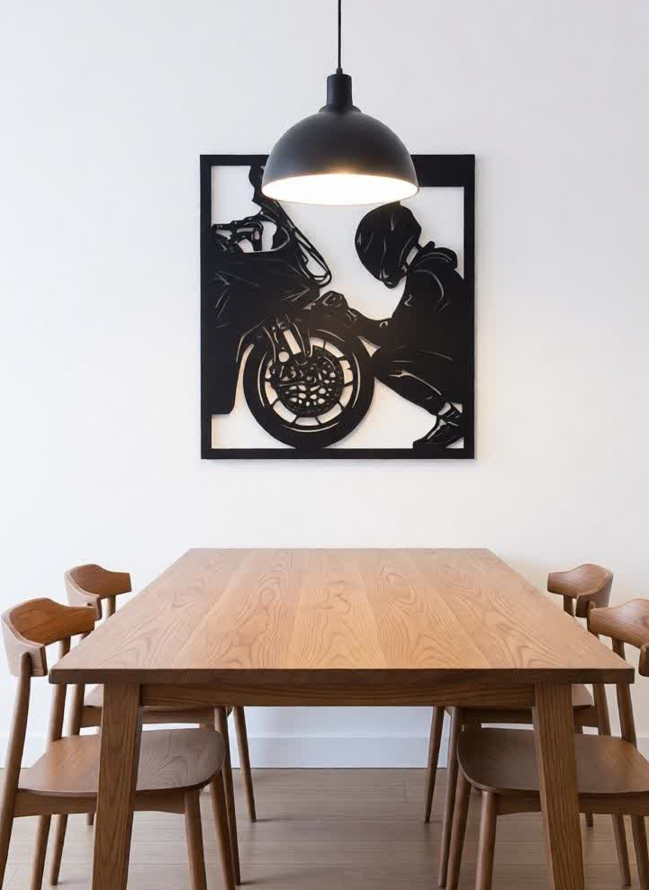 Bring power, passion, and precision to your walls with this Modern Biker CNC Metal Wall Art. Designed for motorcycle lovers and modern interiors, this artwork captures the raw emotion of a rider and machine in a bold, laser-cut silhouette. Crafted from high-quality metal sheet (1–2 mm thickness), the design is both lightweight and exceptionally strong. The precision laser-cut finish highlights fine details while maintaining a sharp, contemporary look. Finished in classic black powder coating, this wall art blends effortlessly with modern, industrial, and minimalist décor styles. Perfect as a statement piece for living rooms, offices, showrooms, garages, or man caves.