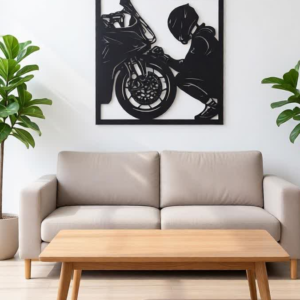 Bring power, passion, and precision to your walls with this Modern Biker CNC Metal Wall Art. Designed for motorcycle lovers and modern interiors, this artwork captures the raw emotion of a rider and machine in a bold, laser-cut silhouette. Crafted from high-quality metal sheet (1–2 mm thickness), the design is both lightweight and exceptionally strong. The precision laser-cut finish highlights fine details while maintaining a sharp, contemporary look. Finished in classic black powder coating, this wall art blends effortlessly with modern, industrial, and minimalist décor styles. Perfect as a statement piece for living rooms, offices, showrooms, garages, or man caves.