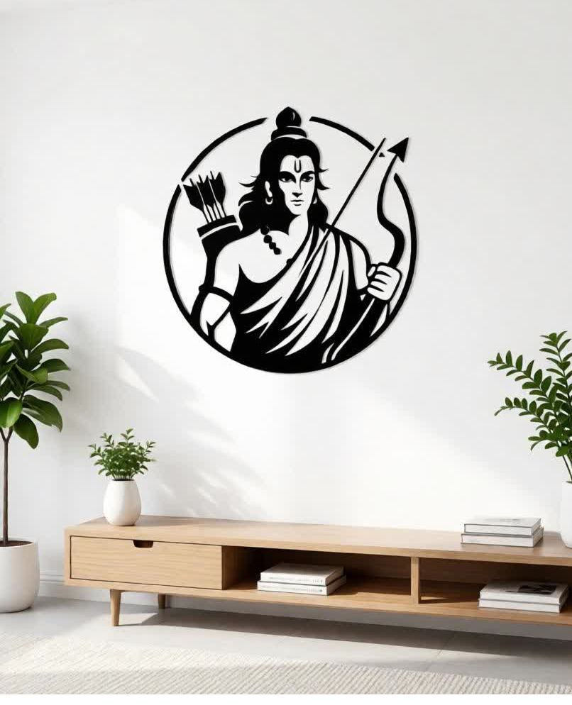 Bring strength, devotion, and timeless artistry into your space with this Lord Rama Metal Wall Art. Designed to symbolize righteousness, courage, and balance, this striking artwork features Lord Rama holding his bow and arrow, enclosed within a clean circular frame. The powerful yet serene expression creates a meaningful focal point that blends spirituality with modern design. Crafted from high-quality metal, this wall art is precision cut to highlight fine details such as facial features, traditional attire, and the iconic bow. The matte black powder-coated finish enhances its contemporary appeal while ensuring durability and long-lasting beauty with minimal maintenance. The bold silhouette stands out beautifully against light-colored walls, creating a refined and impactful presence. Perfect for offices, reception areas, living rooms, prayer spaces, and spiritual interiors, this artwork offers a harmonious balance of devotion and elegance. Its circular form represents unity and wholeness, while the clean lines and minimalist styling make it suitable for modern, contemporary, and cultural décor themes. Designed for easy wall mounting, this piece instantly transforms empty walls into a statement of faith and sophistication. Whether placed in a corporate reception area or a personal spiritual corner, it adds depth, inspiration, and a sense of calm authority to the environment.