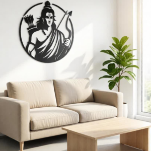 Bring strength, devotion, and timeless artistry into your space with this Lord Rama Metal Wall Art. Designed to symbolize righteousness, courage, and balance, this striking artwork features Lord Rama holding his bow and arrow, enclosed within a clean circular frame. The powerful yet serene expression creates a meaningful focal point that blends spirituality with modern design. Crafted from high-quality metal, this wall art is precision cut to highlight fine details such as facial features, traditional attire, and the iconic bow. The matte black powder-coated finish enhances its contemporary appeal while ensuring durability and long-lasting beauty with minimal maintenance. The bold silhouette stands out beautifully against light-colored walls, creating a refined and impactful presence. Perfect for offices, reception areas, living rooms, prayer spaces, and spiritual interiors, this artwork offers a harmonious balance of devotion and elegance. Its circular form represents unity and wholeness, while the clean lines and minimalist styling make it suitable for modern, contemporary, and cultural décor themes. Designed for easy wall mounting, this piece instantly transforms empty walls into a statement of faith and sophistication. Whether placed in a corporate reception area or a personal spiritual corner, it adds depth, inspiration, and a sense of calm authority to the environment.