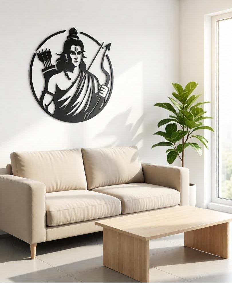 Bring strength, devotion, and timeless artistry into your space with this Lord Rama Metal Wall Art. Designed to symbolize righteousness, courage, and balance, this striking artwork features Lord Rama holding his bow and arrow, enclosed within a clean circular frame. The powerful yet serene expression creates a meaningful focal point that blends spirituality with modern design. Crafted from high-quality metal, this wall art is precision cut to highlight fine details such as facial features, traditional attire, and the iconic bow. The matte black powder-coated finish enhances its contemporary appeal while ensuring durability and long-lasting beauty with minimal maintenance. The bold silhouette stands out beautifully against light-colored walls, creating a refined and impactful presence. Perfect for offices, reception areas, living rooms, prayer spaces, and spiritual interiors, this artwork offers a harmonious balance of devotion and elegance. Its circular form represents unity and wholeness, while the clean lines and minimalist styling make it suitable for modern, contemporary, and cultural décor themes. Designed for easy wall mounting, this piece instantly transforms empty walls into a statement of faith and sophistication. Whether placed in a corporate reception area or a personal spiritual corner, it adds depth, inspiration, and a sense of calm authority to the environment.