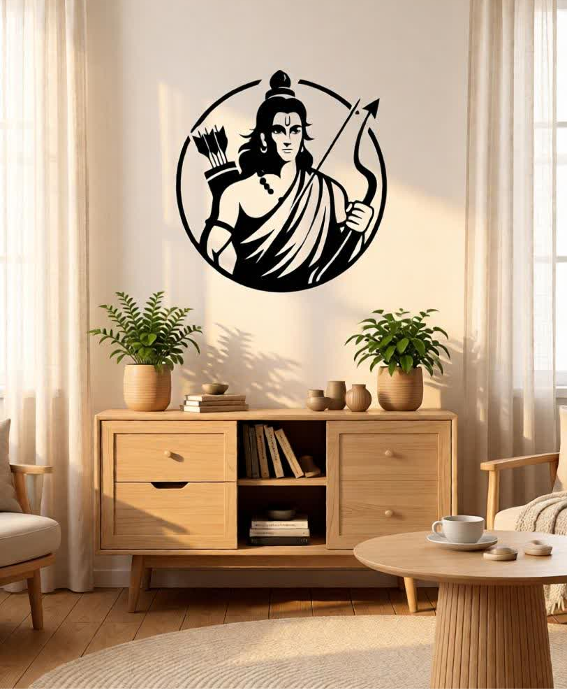 Bring strength, devotion, and timeless artistry into your space with this Lord Rama Metal Wall Art. Designed to symbolize righteousness, courage, and balance, this striking artwork features Lord Rama holding his bow and arrow, enclosed within a clean circular frame. The powerful yet serene expression creates a meaningful focal point that blends spirituality with modern design. Crafted from high-quality metal, this wall art is precision cut to highlight fine details such as facial features, traditional attire, and the iconic bow. The matte black powder-coated finish enhances its contemporary appeal while ensuring durability and long-lasting beauty with minimal maintenance. The bold silhouette stands out beautifully against light-colored walls, creating a refined and impactful presence. Perfect for offices, reception areas, living rooms, prayer spaces, and spiritual interiors, this artwork offers a harmonious balance of devotion and elegance. Its circular form represents unity and wholeness, while the clean lines and minimalist styling make it suitable for modern, contemporary, and cultural décor themes. Designed for easy wall mounting, this piece instantly transforms empty walls into a statement of faith and sophistication. Whether placed in a corporate reception area or a personal spiritual corner, it adds depth, inspiration, and a sense of calm authority to the environment.