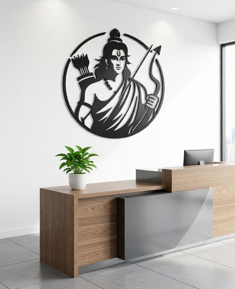 Bring strength, devotion, and timeless artistry into your space with this Lord Rama Metal Wall Art. Designed to symbolize righteousness, courage, and balance, this striking artwork features Lord Rama holding his bow and arrow, enclosed within a clean circular frame. The powerful yet serene expression creates a meaningful focal point that blends spirituality with modern design. Crafted from high-quality metal, this wall art is precision cut to highlight fine details such as facial features, traditional attire, and the iconic bow. The matte black powder-coated finish enhances its contemporary appeal while ensuring durability and long-lasting beauty with minimal maintenance. The bold silhouette stands out beautifully against light-colored walls, creating a refined and impactful presence. Perfect for offices, reception areas, living rooms, prayer spaces, and spiritual interiors, this artwork offers a harmonious balance of devotion and elegance. Its circular form represents unity and wholeness, while the clean lines and minimalist styling make it suitable for modern, contemporary, and cultural décor themes. Designed for easy wall mounting, this piece instantly transforms empty walls into a statement of faith and sophistication. Whether placed in a corporate reception area or a personal spiritual corner, it adds depth, inspiration, and a sense of calm authority to the environment.