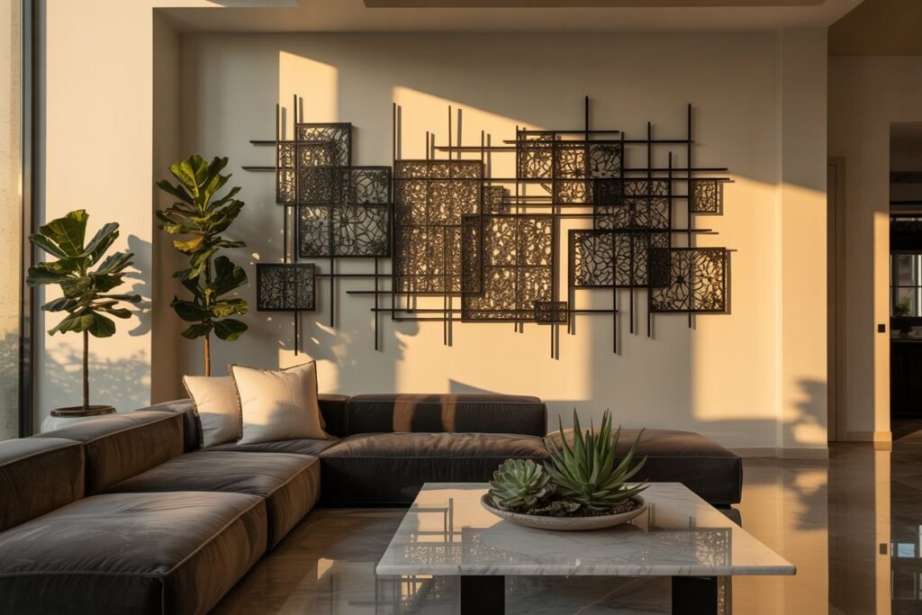 A luxury modern living room in 2026 featuring large black laser-cut metal wall art mounted on a light neutral wall, minimalist furniture, soft natural lighting, indoor plants, elegant sofa, high-end interior design photography, ultra-realistic, 8K resolution, wide angle shot, depth of field, warm tones, contemporary décor style