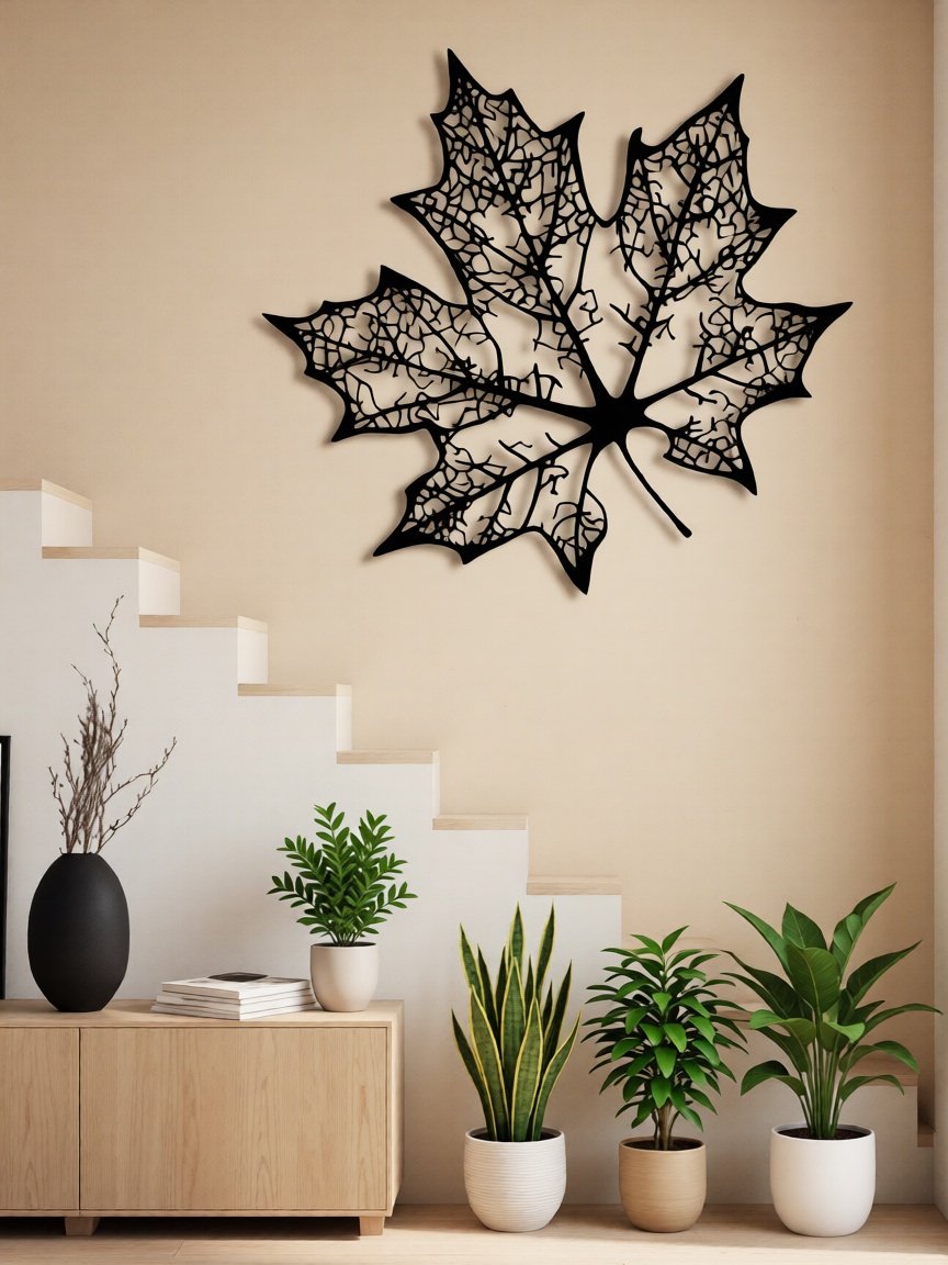 Add a warm, nature-inspired touch to your interiors with this Elegant Maple Leaf CNC BACKLIGHT WALL ART .Inspired by the beauty of nature, the intricate leaf vein detailing creates a stunning play of light and shadow, making it a perfect statement piece for modern, rustic, and contemporary spaces. Precision laser-cut from high-quality metal, this artwork delivers sharp detailing and a refined finish. Its minimalist black design blends effortlessly with wooden textures, neutral walls, and modern décor themes, enhancing stairways, living rooms, hallways, and feature walls.