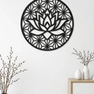 Elevate your interiors with this Elegant Lotus Metal Wall Art, a perfect fusion of spiritual symbolism and contemporary design. Featuring a beautifully crafted lotus flower surrounded by a detailed geometric mandala pattern, this artistic wall décor represents purity, peace, and positive energy. The intricate precision laser-cut metal design creates a striking visual effect that stands out beautifully against light or dark walls. The matte black finish enhances the depth and detailing of the lotus and geometric background, adding a modern and sophisticated touch to your living space. This wall décor is ideal for those who appreciate minimalist aesthetics combined with spiritual elegance, making it a perfect statement piece for modern homes and stylish interiors.