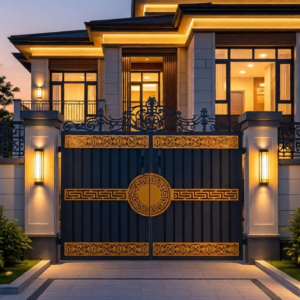 A luxury modern-oriental style home entrance at dusk featuring a complex, custom-fabricated CNC laser-cut black gate with gold-tone accents, a central Greek Key and medallion motif, intricate gold friezes, and traditional black ironwork cresting.