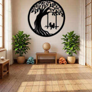 Elevate your interiors with this Romantic Tree Couple Metal Wall Art, a beautiful combination of nature-inspired design and heartfelt symbolism. Featuring an elegant tree with spreading branches and a charming swing where two love birds sit together, this artistic wall décor represents love, companionship, and togetherness. The intricate precision laser-cut metal design highlights the graceful tree branches and delicate bird silhouettes, creating a visually captivating décor piece. The matte black finish enhances the artistic detailing and gives the wall art a modern, stylish appearance that blends effortlessly with contemporary and minimalist interiors. This wall décor is perfect for those who want to bring warmth, romance, and natural beauty into their living space.