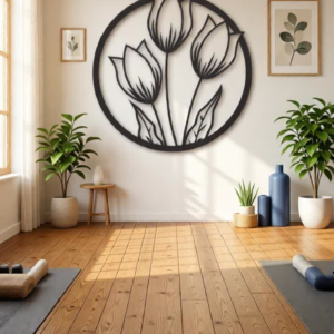 Elevate your interiors with this Elegant Tulip Flower Metal Wall Art, a beautiful combination of natural inspiration and contemporary design. Featuring three graceful tulip flowers enclosed within a circular frame, this artistic wall décor symbolizes beauty, growth, and positivity while adding a refreshing botanical touch to your home. The intricate precision laser-cut metal design highlights the delicate tulip petals and slender stems, creating a visually captivating centerpiece for your wall. The matte black finish enhances the elegance and depth of the floral pattern, making it a stylish décor element that complements both modern and minimalist interiors. This wall décor is perfect for those who appreciate nature-inspired décor and sophisticated design, bringing warmth and elegance to any room.