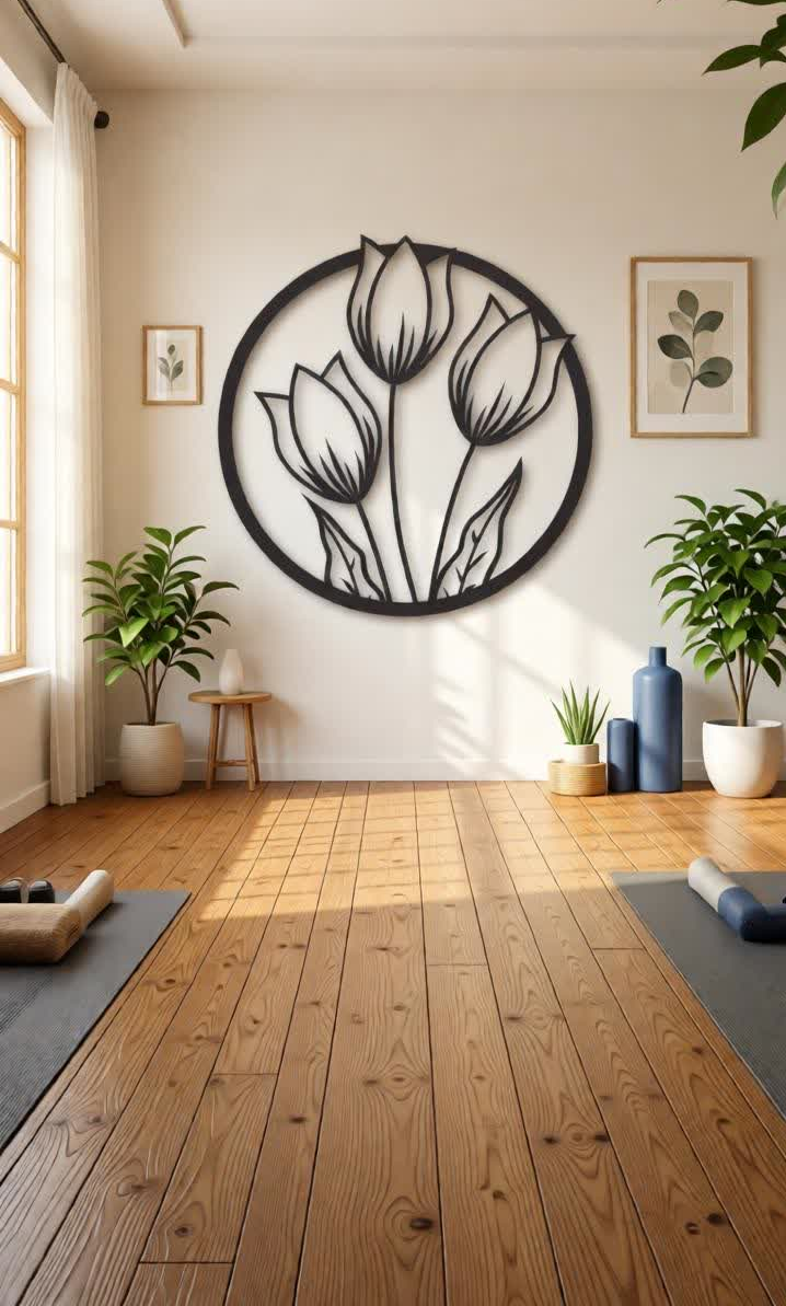 Elevate your interiors with this Elegant Tulip Flower Metal Wall Art, a beautiful combination of natural inspiration and contemporary design. Featuring three graceful tulip flowers enclosed within a circular frame, this artistic wall décor symbolizes beauty, growth, and positivity while adding a refreshing botanical touch to your home. The intricate precision laser-cut metal design highlights the delicate tulip petals and slender stems, creating a visually captivating centerpiece for your wall. The matte black finish enhances the elegance and depth of the floral pattern, making it a stylish décor element that complements both modern and minimalist interiors. This wall décor is perfect for those who appreciate nature-inspired décor and sophisticated design, bringing warmth and elegance to any room.
