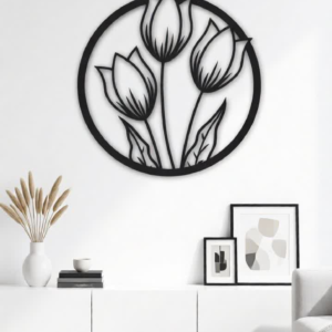 Modern Tulip Flower CNC Laser Cut Metal Wall Art – Round Floral Wall Decor, Minimalist Botanical Wall Hanging for Living Room, Bedroom, Office & Contemporary Home Decoration