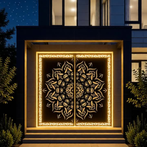 Custom-fabricated modern black metal gate with a large, intricate gold CNC laser-cut mandala pattern, seen at dusk in front of a luxury contemporary home with integrated facade lighting.