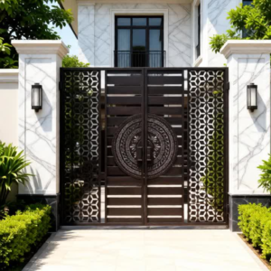 Modern luxury home exterior at dusk featuring a custom-fabricated black metal laser-cut gate with geometric screens and a central mandala emblem.