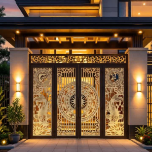 A luxury modern-oriental home entrance at night under a full moon and starry sky, featuring a custom-fabricated, backlit CNC laser-cut black gate. The gate panels display intricate laser-cut patterns of jumping koi fish, a central 'Zodiac' medallion, and traditional Chinese characters. The gate lighting is perfectly integrated with the home's strip lighting.