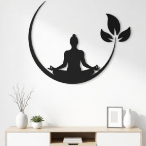 Elevate your interiors with this Minimalist Meditation Yoga Metal Wall Art, a perfect blend of spiritual calmness and contemporary design. Featuring a beautifully crafted meditating human silhouette seated in a peaceful yoga pose within a graceful circular crescent, this artistic décor symbolizes inner peace, balance, mindfulness, and harmony with nature. The precision CNC laser-cut metal design highlights the elegant silhouette of a meditating figure accompanied by a delicate leaf element, creating a visually calming and modern aesthetic. The matte black finish enhances the bold artistic outline while offering a stylish contrast against light or textured walls, making it a striking focal point in any room. This wall décor is perfect for homeowners who appreciate minimalist design with spiritual inspiration, bringing tranquility, balance, and sophistication to modern living spaces.