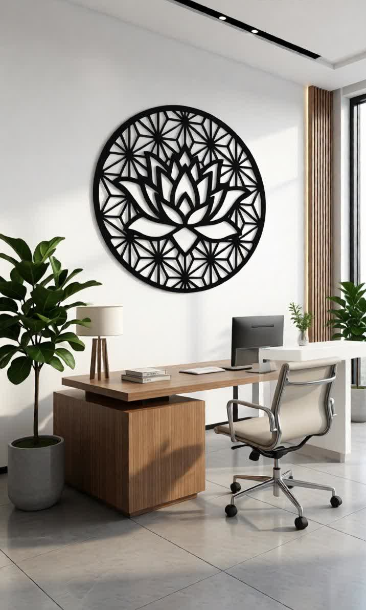 Elevate your interiors with this Elegant Lotus Metal Wall Art, a perfect fusion of spiritual symbolism and contemporary design. Featuring a beautifully crafted lotus flower surrounded by a detailed geometric mandala pattern, this artistic wall décor represents purity, peace, and positive energy. The intricate precision laser-cut metal design creates a striking visual effect that stands out beautifully against light or dark walls. The matte black finish enhances the depth and detailing of the lotus and geometric background, adding a modern and sophisticated touch to your living space. This wall décor is ideal for those who appreciate minimalist aesthetics combined with spiritual elegance, making it a perfect statement piece for modern homes and stylish interiors.