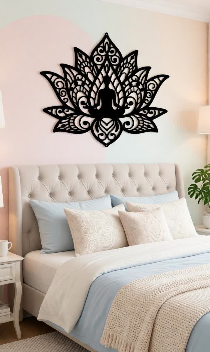 Elevate your interiors with this Meditating Buddha Lotus Metal Wall Art, a beautiful fusion of spiritual symbolism and modern artistic design. Featuring a serene Buddha silhouette seated in meditation within a detailed lotus mandala pattern, this stunning wall décor represents peace, mindfulness, and inner balance. The intricate precision laser-cut metal design highlights elegant floral and mandala details that create a visually captivating centerpiece for any wall. The matte black finish enhances the depth and artistic beauty of the lotus petals and decorative patterns, giving your space a sophisticated and calming aesthetic. This wall décor is perfect for those who want to create a peaceful, spiritual, and inspiring atmosphere in their home, meditation room, or yoga space.