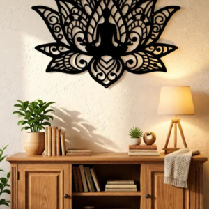 Elevate your interiors with this Meditating Buddha Lotus Metal Wall Art, a beautiful fusion of spiritual symbolism and modern artistic design. Featuring a serene Buddha silhouette seated in meditation within a detailed lotus mandala pattern, this stunning wall décor represents peace, mindfulness, and inner balance. The intricate precision laser-cut metal design highlights elegant floral and mandala details that create a visually captivating centerpiece for any wall. The matte black finish enhances the depth and artistic beauty of the lotus petals and decorative patterns, giving your space a sophisticated and calming aesthetic. This wall décor is perfect for those who want to create a peaceful, spiritual, and inspiring atmosphere in their home, meditation room, or yoga space.