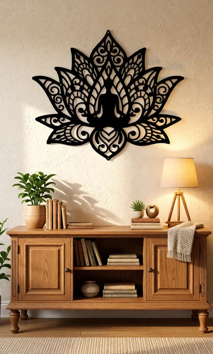 Elevate your interiors with this Meditating Buddha Lotus Metal Wall Art, a beautiful fusion of spiritual symbolism and modern artistic design. Featuring a serene Buddha silhouette seated in meditation within a detailed lotus mandala pattern, this stunning wall décor represents peace, mindfulness, and inner balance. The intricate precision laser-cut metal design highlights elegant floral and mandala details that create a visually captivating centerpiece for any wall. The matte black finish enhances the depth and artistic beauty of the lotus petals and decorative patterns, giving your space a sophisticated and calming aesthetic. This wall décor is perfect for those who want to create a peaceful, spiritual, and inspiring atmosphere in their home, meditation room, or yoga space.