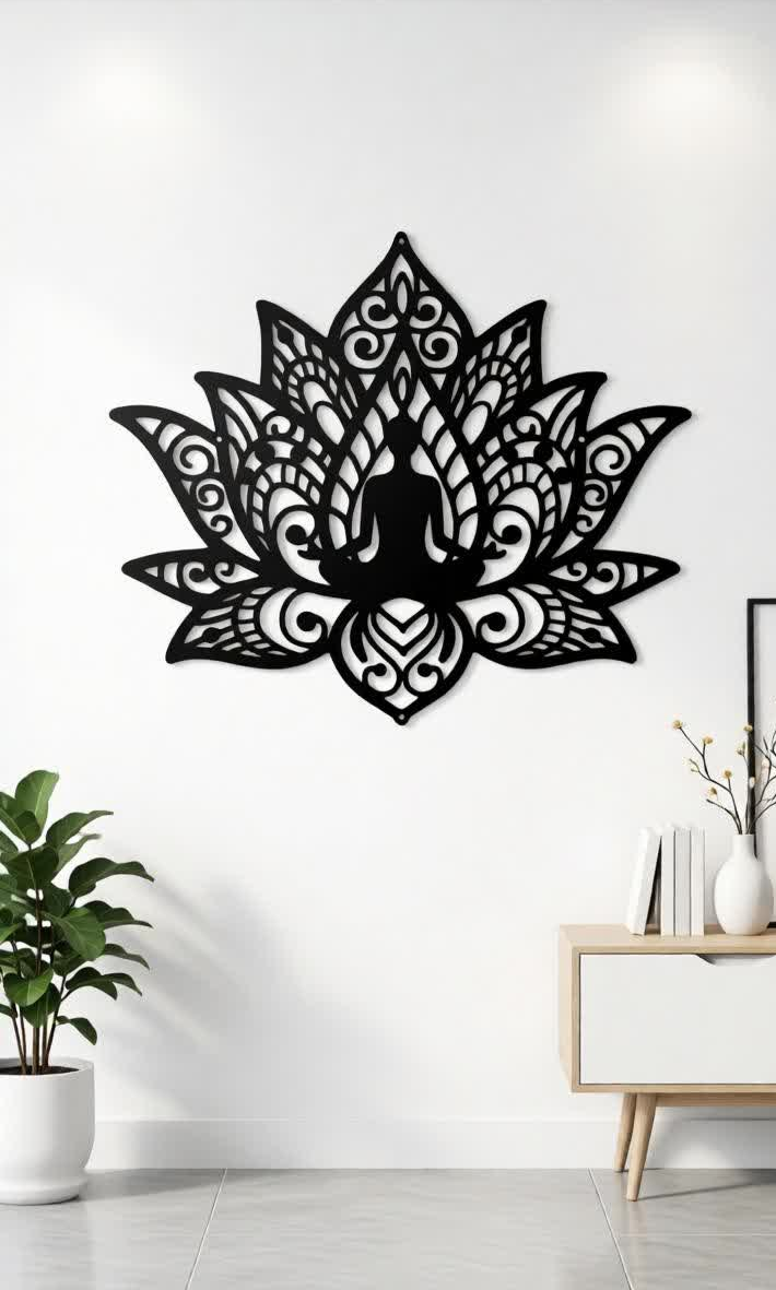 Elevate your interiors with this Meditating Buddha Lotus Metal Wall Art, a beautiful fusion of spiritual symbolism and modern artistic design. Featuring a serene Buddha silhouette seated in meditation within a detailed lotus mandala pattern, this stunning wall décor represents peace, mindfulness, and inner balance. The intricate precision laser-cut metal design highlights elegant floral and mandala details that create a visually captivating centerpiece for any wall. The matte black finish enhances the depth and artistic beauty of the lotus petals and decorative patterns, giving your space a sophisticated and calming aesthetic. This wall décor is perfect for those who want to create a peaceful, spiritual, and inspiring atmosphere in their home, meditation room, or yoga space.