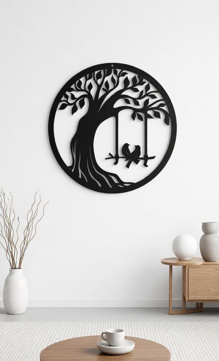 Elevate your interiors with this Romantic Tree Couple Metal Wall Art, a beautiful combination of nature-inspired design and heartfelt symbolism. Featuring an elegant tree with spreading branches and a charming swing where two love birds sit together, this artistic wall décor represents love, companionship, and togetherness. The intricate precision laser-cut metal design highlights the graceful tree branches and delicate bird silhouettes, creating a visually captivating décor piece. The matte black finish enhances the artistic detailing and gives the wall art a modern, stylish appearance that blends effortlessly with contemporary and minimalist interiors. This wall décor is perfect for those who want to bring warmth, romance, and natural beauty into their living space.