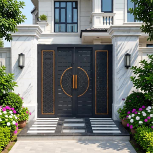 A luxury modern home entrance at dusk featuring a complex, custom-fabricated CNC laser-cut black gate with gold-tone backlighting, a central 'Sri Yantra' motif, and Devanagari script panels.