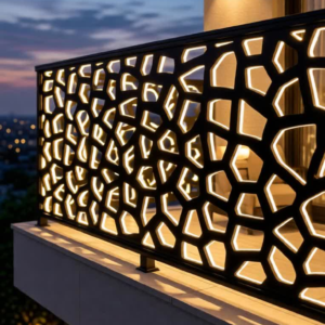 Elevate your property's exterior with our Voronoi-Inspired Laser-Cut Railing. This cutting-edge design utilizes a mathematical cellular pattern that mimics organic structures found in nature, such as dragonflies' wings or cracked Earth. It is the ultimate choice for homeowners and architects who want to combine high-security standards with a bold, avant-garde aesthetic. This railing doesn't just protect your balcony; it defines your home's character, especially when paired with ambient backlighting for a breathtaking nighttime glow.