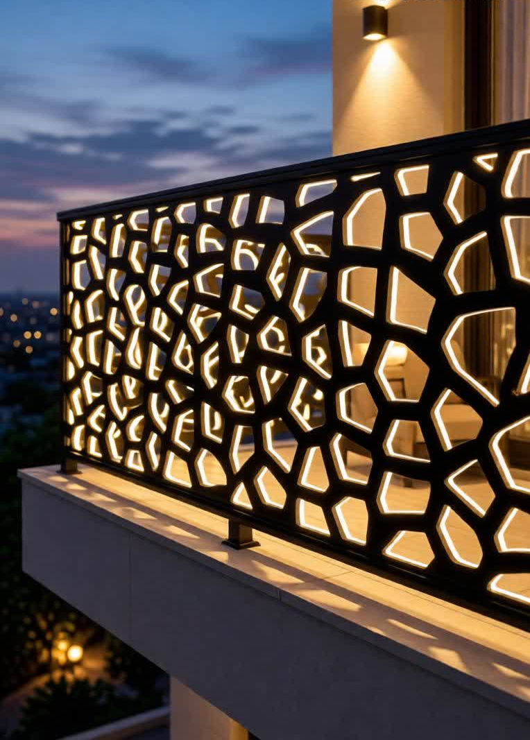 Elevate your property's exterior with our Voronoi-Inspired Laser-Cut Railing. This cutting-edge design utilizes a mathematical cellular pattern that mimics organic structures found in nature, such as dragonflies' wings or cracked Earth. It is the ultimate choice for homeowners and architects who want to combine high-security standards with a bold, avant-garde aesthetic. This railing doesn't just protect your balcony; it defines your home's character, especially when paired with ambient backlighting for a breathtaking nighttime glow.