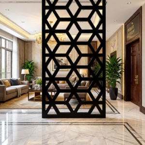 Upgrade your interior design with this Geometric CNC Laser Cut Jali Partition Panel, a perfect blend of modern aesthetics and functional space division. Designed with a stylish hexagon geometric pattern, this decorative partition adds a luxurious and contemporary look while maintaining openness and airflow within your space. It is an ideal solution for creating elegant separation without blocking light or visibility. Crafted using high-precision CNC laser cutting technology, this partition panel features sharp edges, clean detailing, and a premium finish that enhances any modern interior. The symmetrical geometric pattern creates a visually appealing structure that complements both minimalist and luxury décor styles. Whether used as a room divider, decorative screen, or wall accent, it instantly elevates the ambiance of your home or workspace. Made from high-quality durable metal, this jali partition is strong, long-lasting, and resistant to bending or wear. The sleek matte finish ensures a sophisticated appearance while blending seamlessly with marble floors, wooden furniture, and modern lighting setups. It can also be customized in different colors and finishes to match your interior theme.