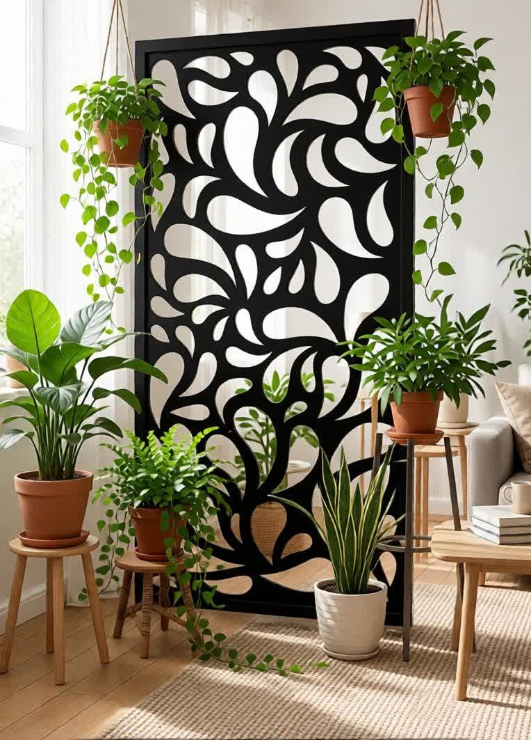 Transform your interiors with this stunning modern 3D cube design CNC jali partition panel, crafted to bring a perfect blend of style, functionality, and sophistication. The unique geometric cube pattern creates a mesmerizing visual depth, giving your space a contemporary and premium look. Designed using advanced CNC laser cutting technology, this panel delivers sharp detailing and flawless finishing. Its semi-open structure allows natural light and airflow to pass through while maintaining privacy, making it an ideal solution for modern space division. The elegant matte black finish enhances its aesthetic appeal and complements a wide range of interior styles—from minimalistic homes to luxury commercial spaces. This decorative partition not only separates areas but also acts as a statement décor piece, adding character and modern elegance to any environment.