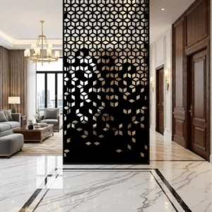Enhance your interior spaces with this premium modern geometric CNC jali partition panel, designed to add elegance, privacy, and architectural depth to any environment. Featuring a unique cube-inspired gradient pattern, this laser-cut metal panel creates a stunning visual effect that blends contemporary design with functional space division. Its bold black finish complements both modern and classic interiors, making it a perfect statement piece. Crafted using high-precision CNC cutting technology, this panel ensures clean edges, intricate detailing, and long-lasting durability. The semi-open design allows light and airflow to pass through while maintaining a sense of separation, making it ideal for stylish room partitioning.
