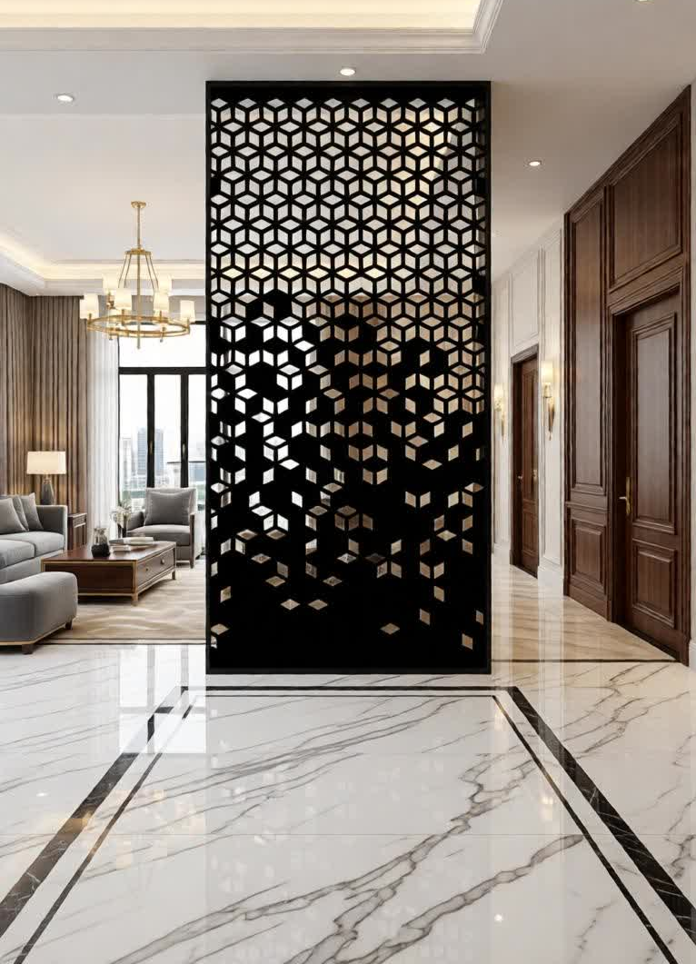Enhance your interior spaces with this premium modern geometric CNC jali partition panel, designed to add elegance, privacy, and architectural depth to any environment. Featuring a unique cube-inspired gradient pattern, this laser-cut metal panel creates a stunning visual effect that blends contemporary design with functional space division. Its bold black finish complements both modern and classic interiors, making it a perfect statement piece. Crafted using high-precision CNC cutting technology, this panel ensures clean edges, intricate detailing, and long-lasting durability. The semi-open design allows light and airflow to pass through while maintaining a sense of separation, making it ideal for stylish room partitioning.