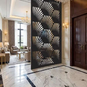 Enhance your interiors with this Modern CNC Laser Cut Jali Partition Panel, a perfect combination of artistic design and functional space separation. Featuring a unique abstract geometric pattern inspired by fan-like and angular shapes, this decorative panel adds depth, texture, and a luxurious feel to any environment. It is ideal for creating stylish partitions without blocking natural light or airflow, making your space look open yet well-defined. Manufactured using advanced CNC laser cutting technology, this partition panel offers precise detailing, smooth edges, and a flawless finish. The intricate cutwork design creates stunning light and shadow effects, adding a dynamic visual element to your interior décor. Whether used in residential or commercial spaces, this panel acts as a statement piece that enhances modern and premium interiors. Constructed from high-quality metal, this jali partition ensures durability, strength, and long-term performance. The powder-coated finish not only provides a sleek and elegant appearance but also protects against rust and wear. Its sturdy build makes it suitable for both permanent and semi-permanent installations. This designer partition panel is highly versatile and can be customized in size, thickness, and color to match your interior theme. It seamlessly complements marble flooring, wooden furniture, chandeliers, and contemporary décor elements, making it a perfect choice for luxury homes and professional spaces.