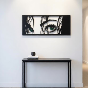 Add a touch of modern elegance and artistic expression to your interiors with this Abstract Eyes Metal Wall Art. Featuring a captivating pair of artistic eyes with intricate line detailing, this design symbolizes beauty, mystery, and creativity. Crafted using precision laser-cut metal, the sleek matte black finish enhances the bold outlines and gives the artwork a sophisticated contemporary look. The minimalistic yet striking design makes it a perfect centerpiece for modern homes, offices, reception areas, and creative spaces. This unique wall décor effortlessly blends modern art with stylish interior aesthetics, making any wall look luxurious and eye-catching.