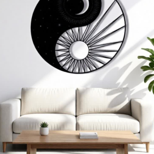 ring harmony and balance to your interiors with this elegant Yin Yang Metal Wall Art. Inspired by the ancient symbol of balance between light and dark, this design beautifully combines the moon, stars, and radiant sun patterns to represent peace, unity, and cosmic energy. Crafted using precision laser-cut metal, the artwork features intricate detailing that highlights the contrast between the celestial night and the radiant day. The sleek matte black finish adds a modern and sophisticated touch, making it a perfect statement piece for contemporary homes and creative spaces. This unique wall décor symbolizes equilibrium and mindfulness, making it ideal for living spaces, meditation rooms, or offices seeking a calm and stylish atmosphere. Ideal For Living Room Feature Wall Meditation & Yoga Space Bedroom Décor Office & Studio Interiors Modern Minimalist Homes