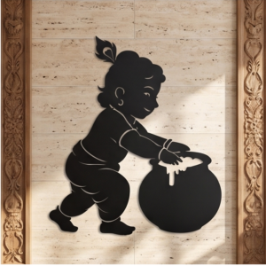 Add a touch of divine charm and playful elegance to your space with this Bal Krishna Makhan Chor Metal Wall Art. Featuring the adorable silhouette of little Lord Krishna stealing butter from a pot, this design beautifully captures innocence, joy, and spiritual bliss. This artistic piece blends devotion with modern minimalism, making it a heartwarming centerpiece for your home. The charming posture and intricate detailing bring life to your walls, creating a peaceful yet joyful ambiance that resonates with positivity and tradition.